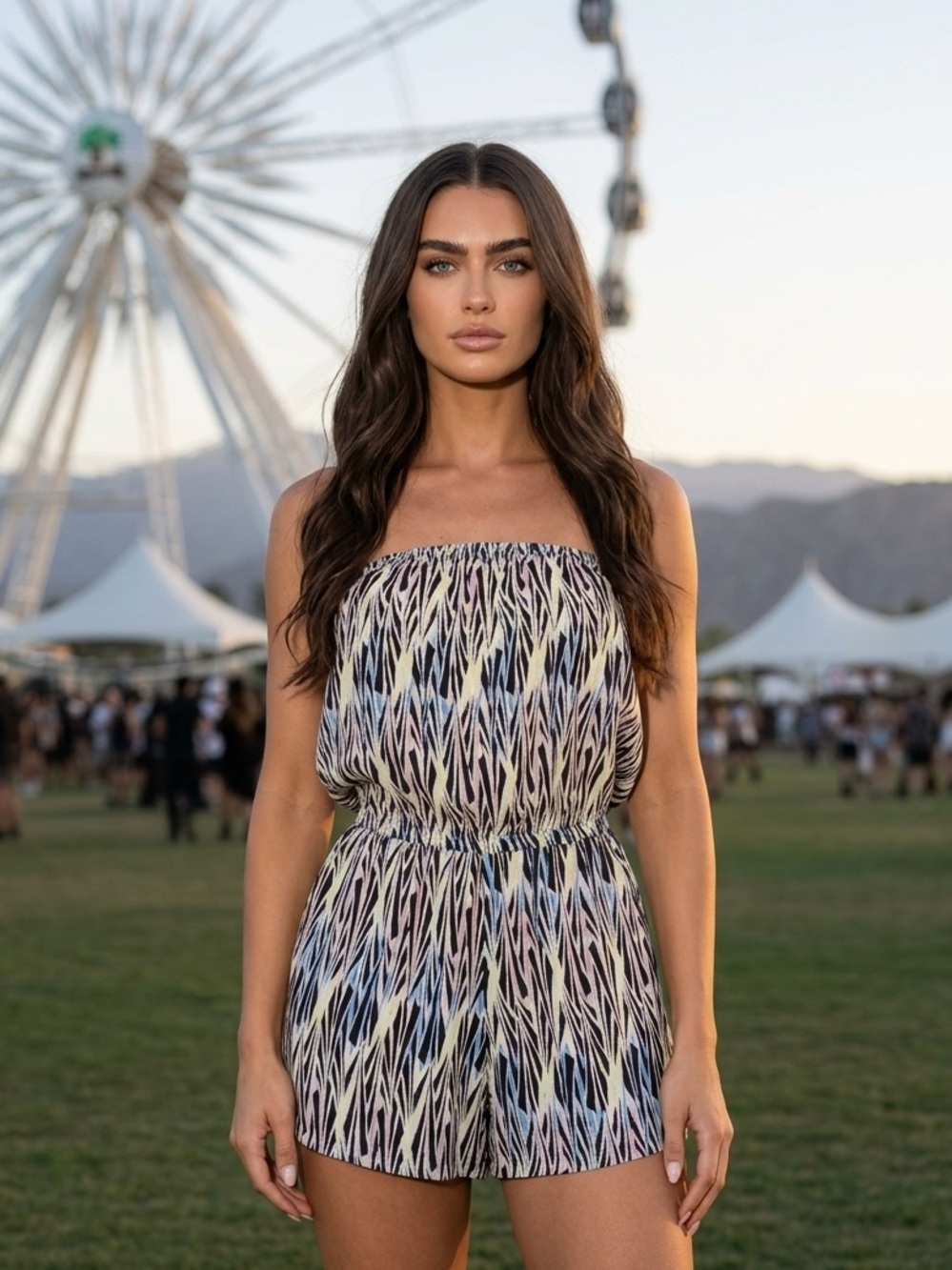 Angie Strapless Printed Romper in Black, White & Blue M
